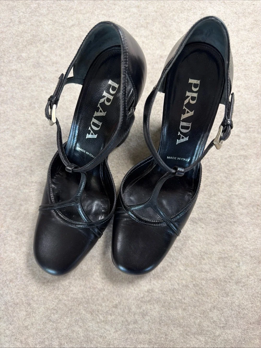 Prada Black Leather T-Strap Block Heel Pumps